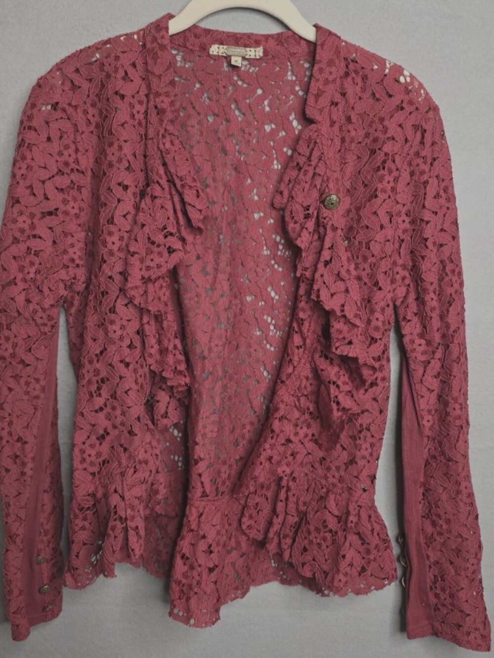 GIMMICKS by BKE Burgundy Lace Open Ruffled Front Flyaway Jacket Size Medium LS
